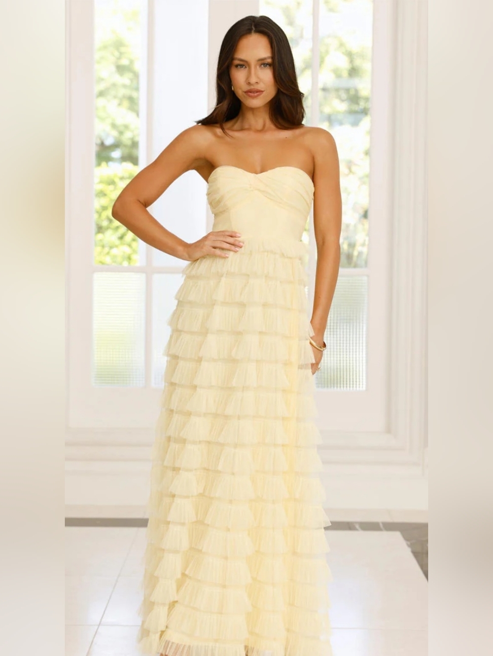 Strapless Tiered Ruffle Maxi Dress in Soft Yellow
